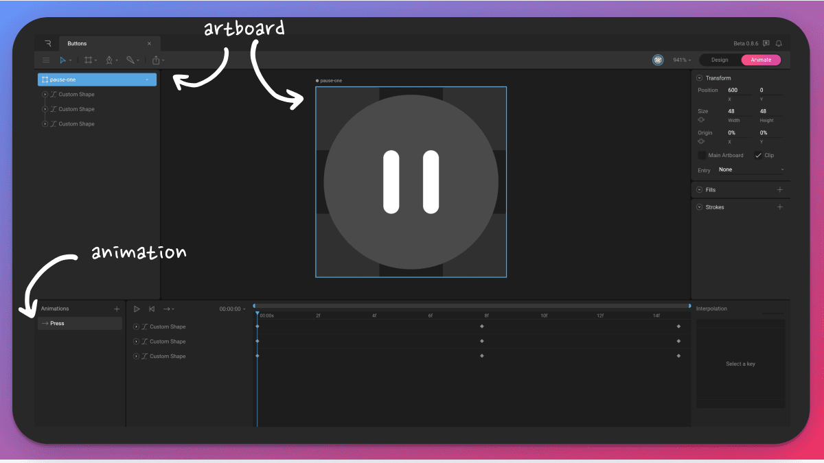 the artboard at the center, the timeline with an animation