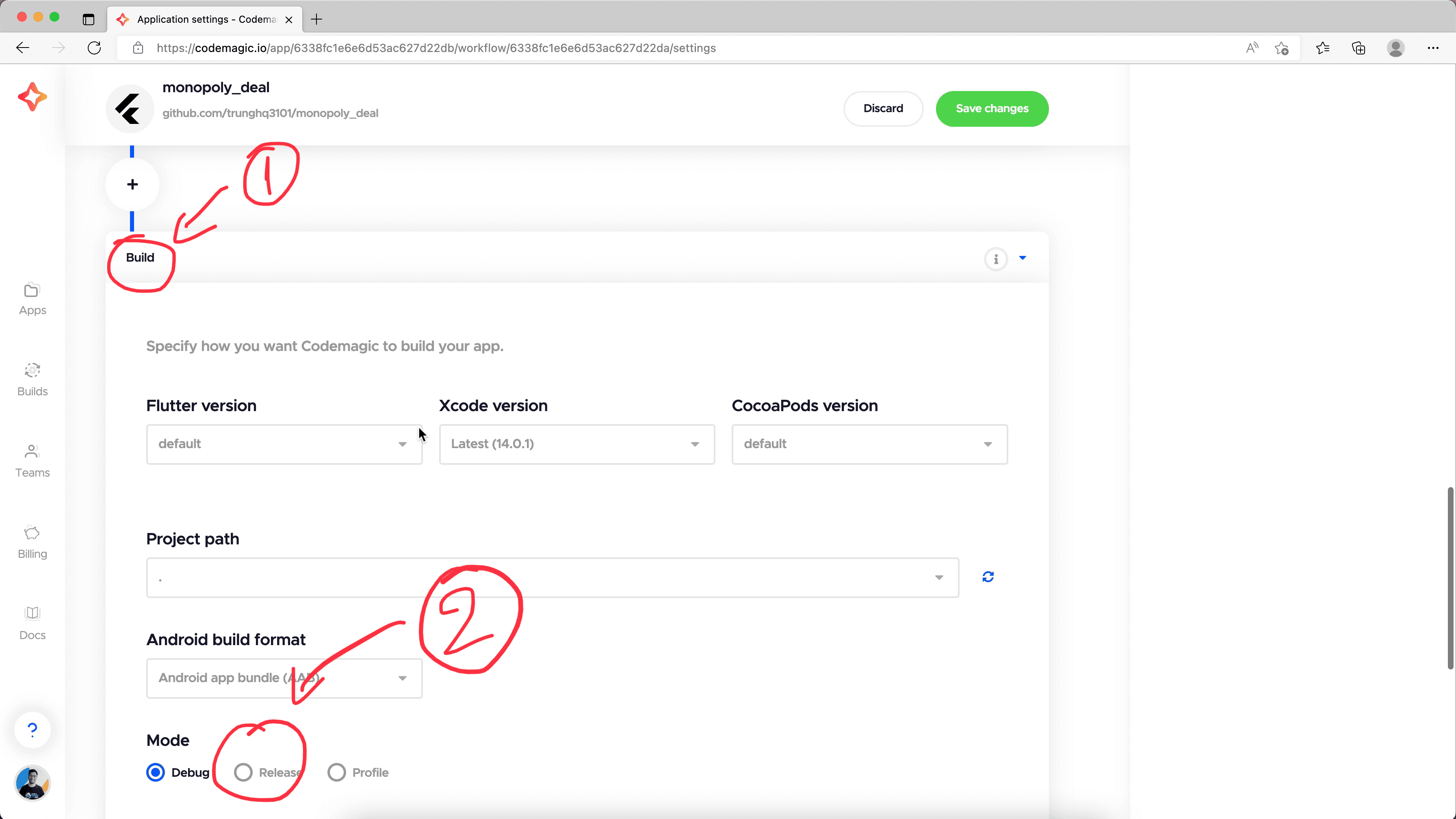create new app in Codemagic