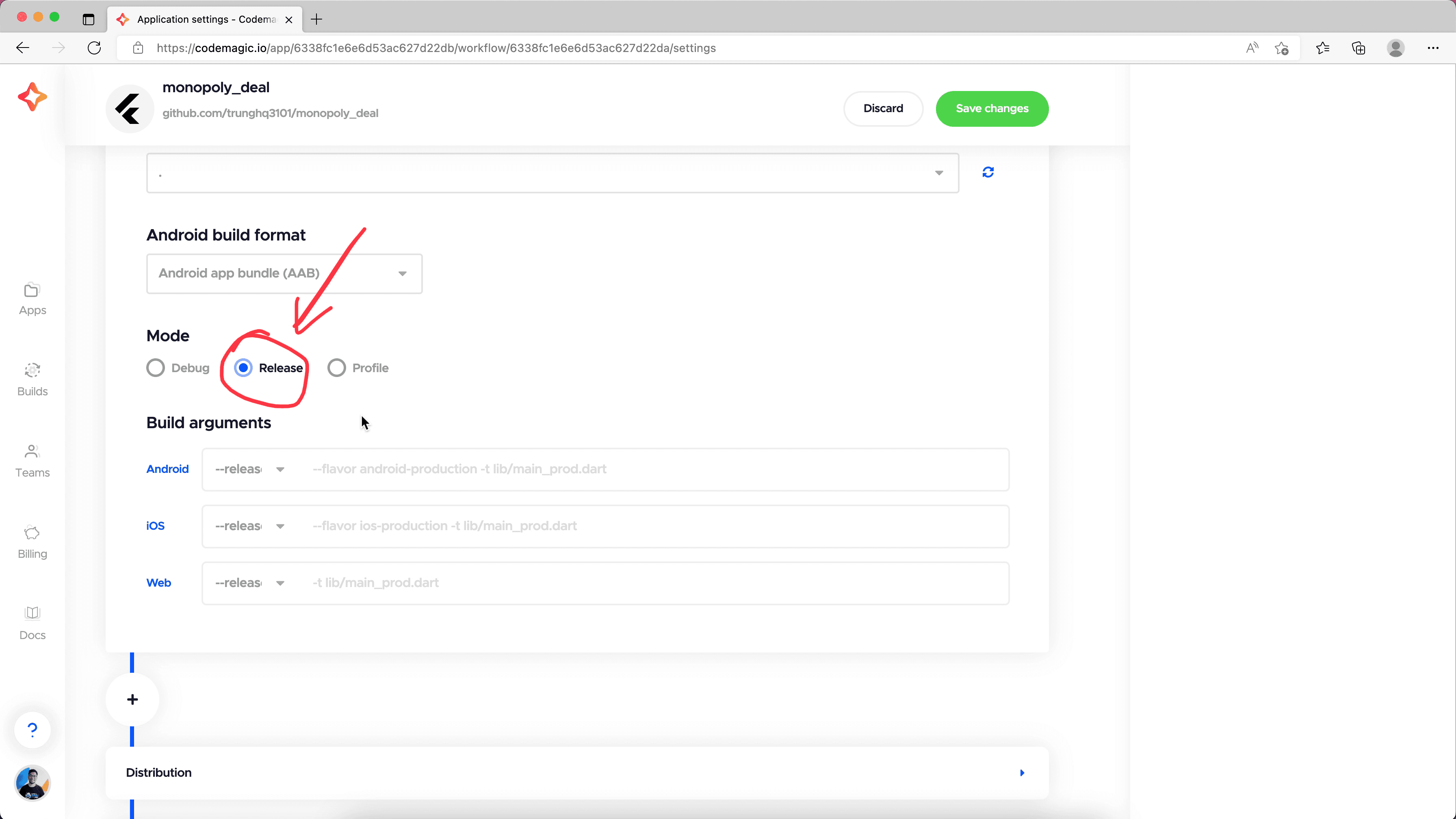 create new app in Codemagic
