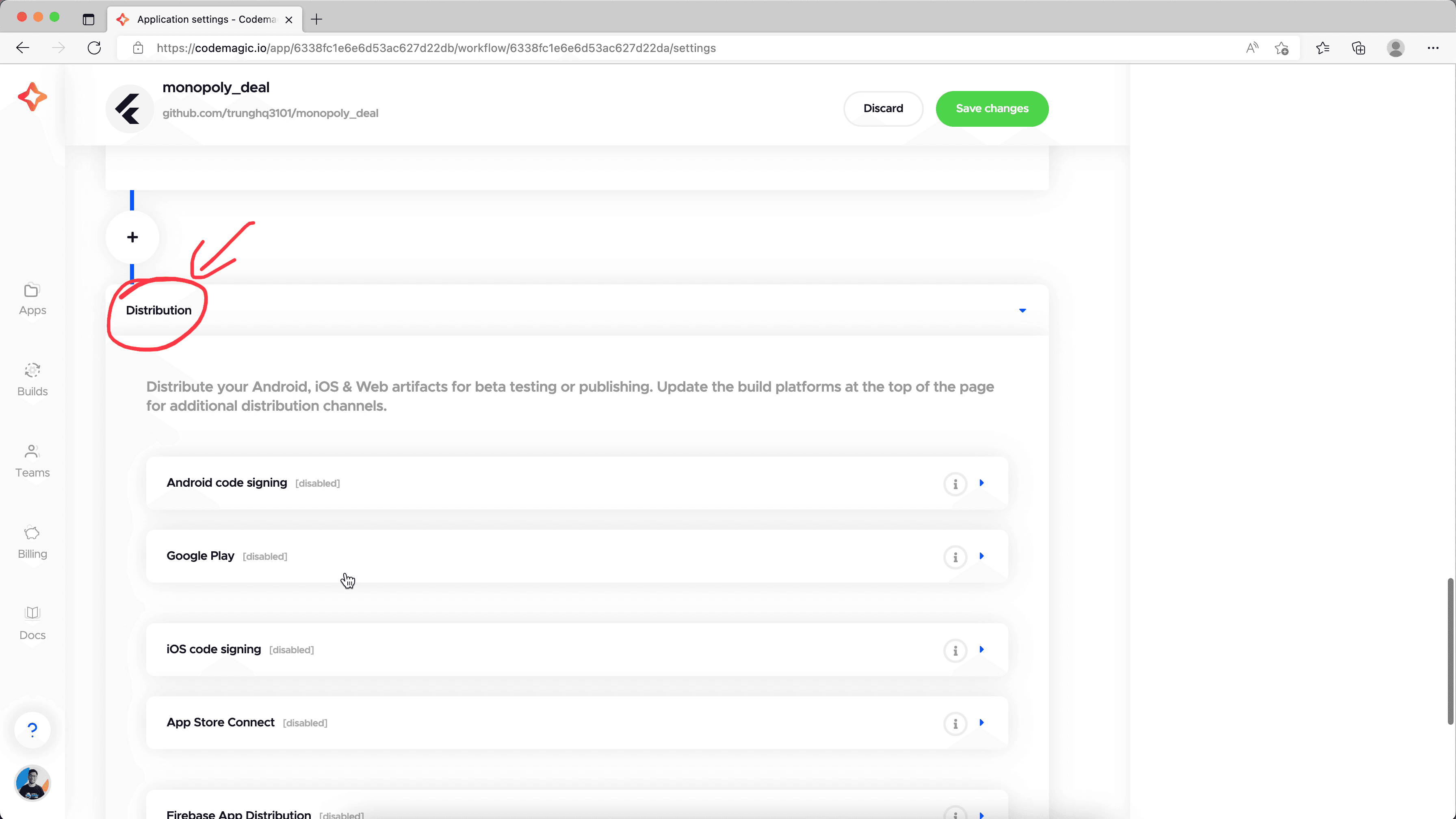 create new app in Codemagic