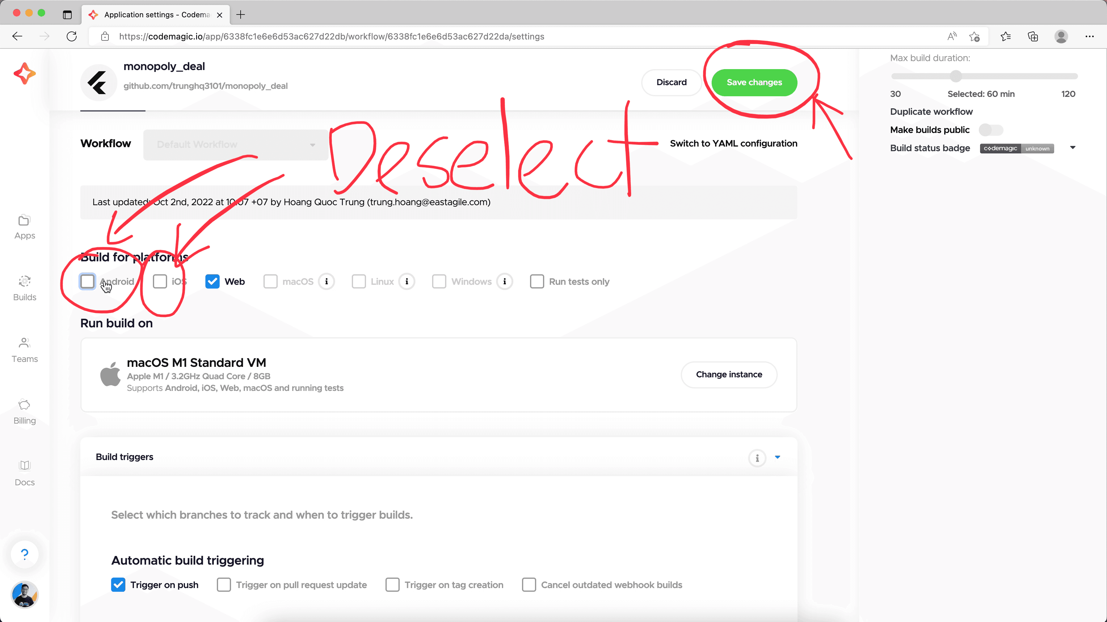 create new app in Codemagic