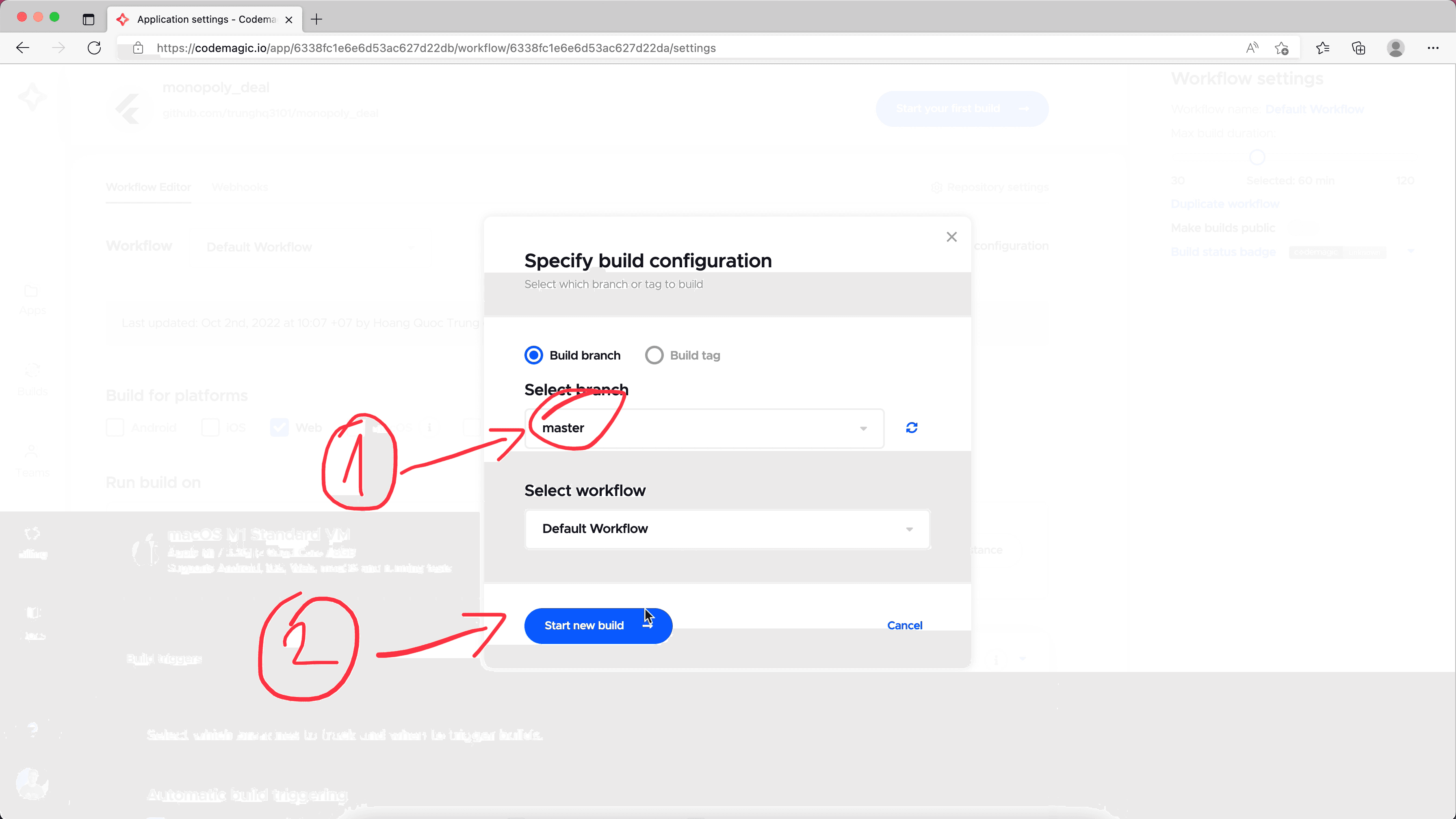 create new app in Codemagic