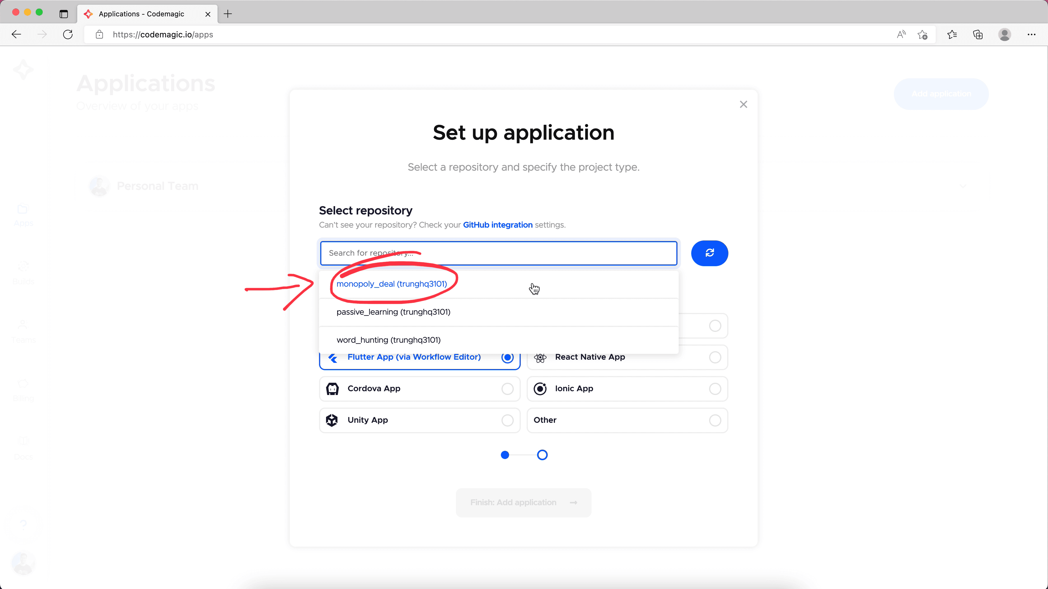 create new app in Codemagic
