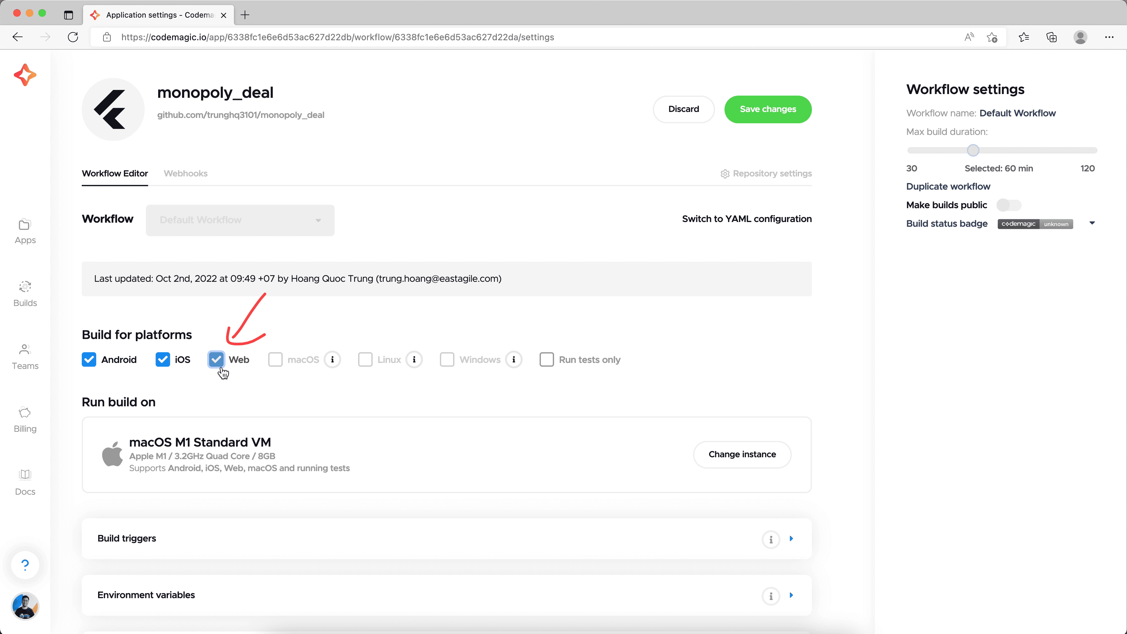 create new app in Codemagic
