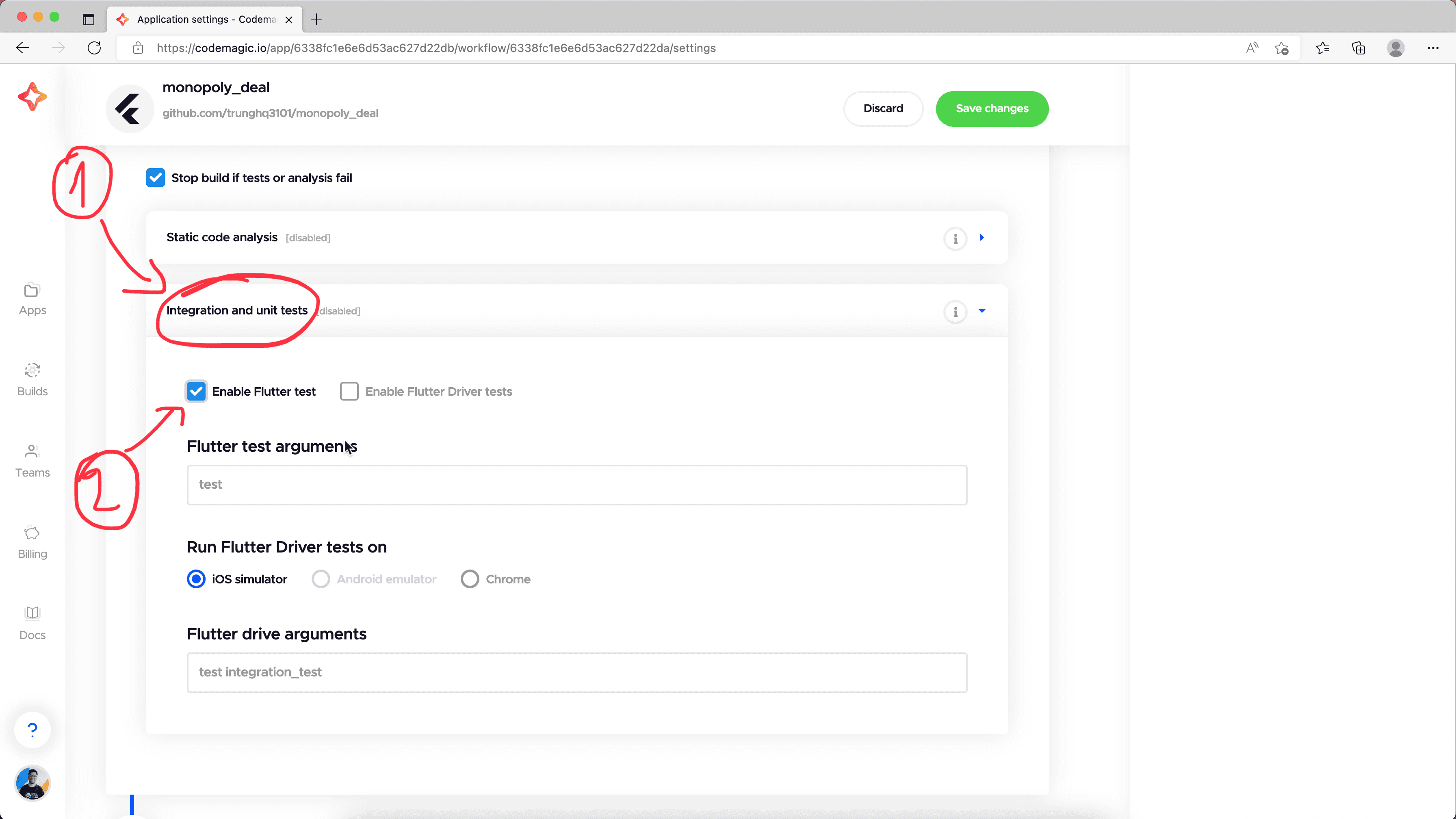 create new app in Codemagic