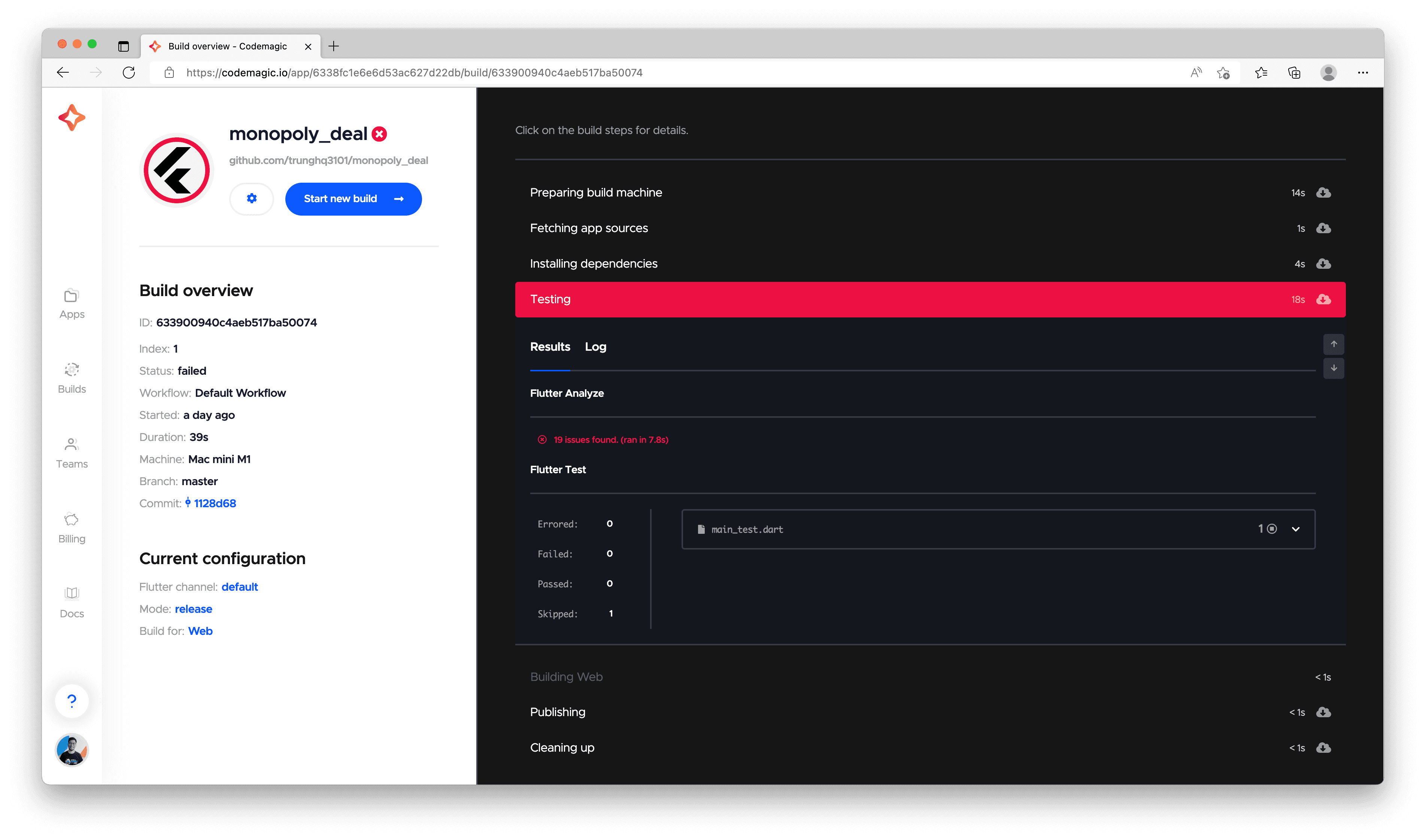 failed build in Codemagic